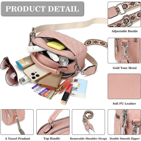 NEW Quilted Pink Crossbody Bag | Top Handle Purse w/ Boho Strap - Picture 5 of 6